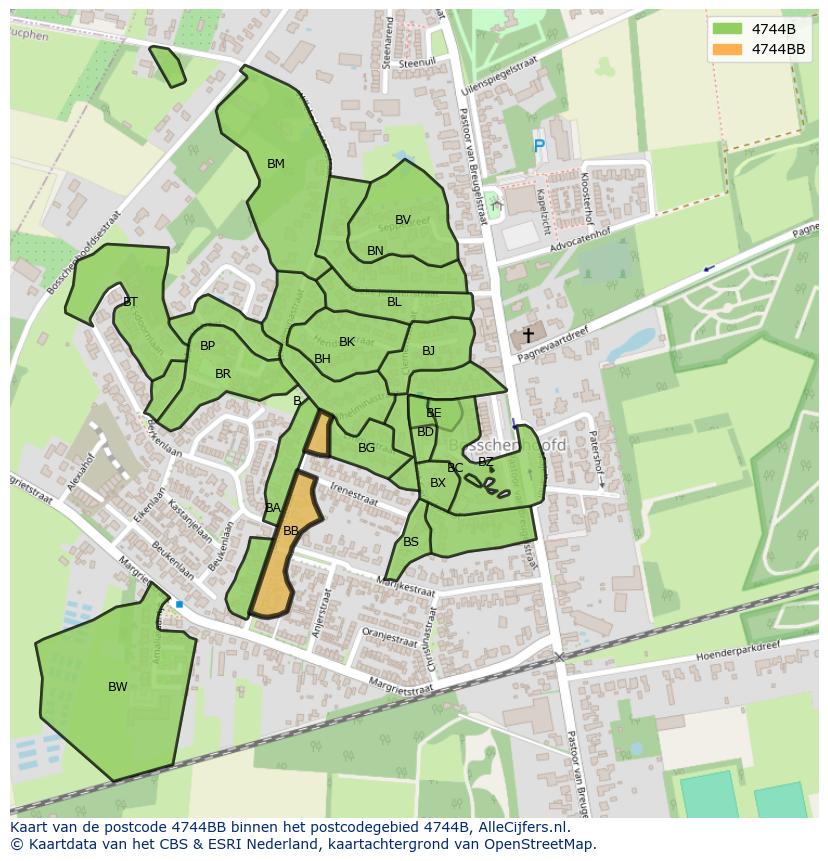 Afbeelding van het postcodegebied 4744 BB op de kaart.