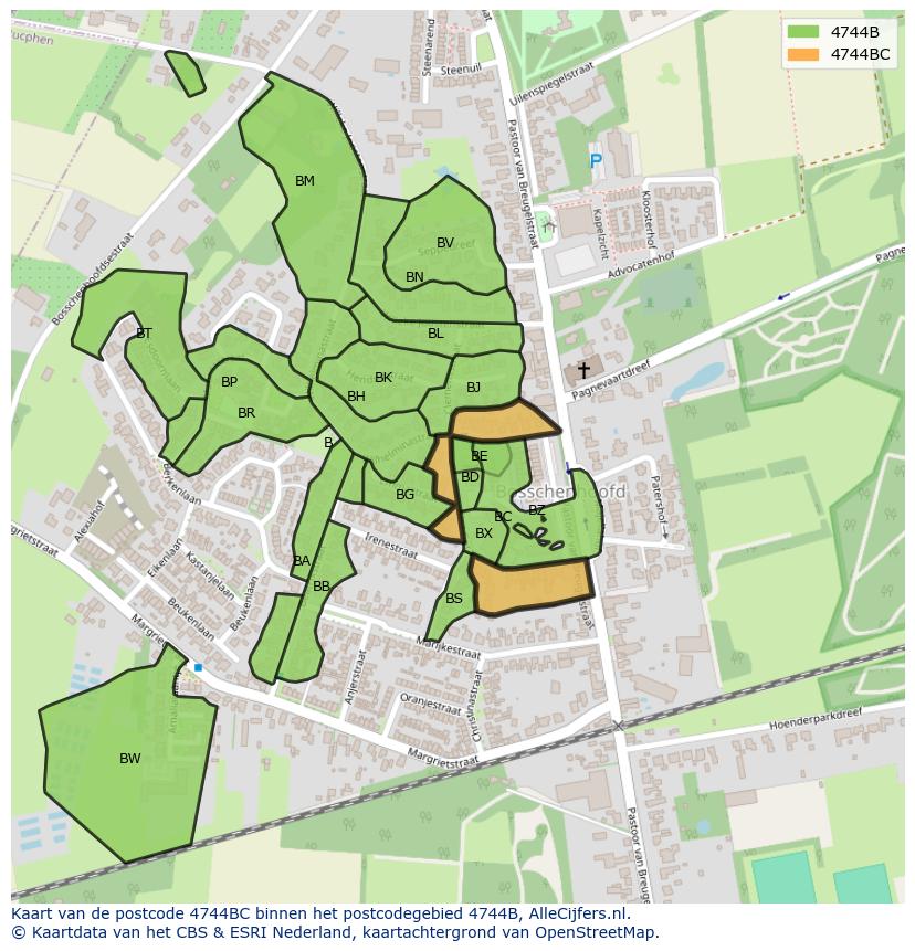 Afbeelding van het postcodegebied 4744 BC op de kaart.