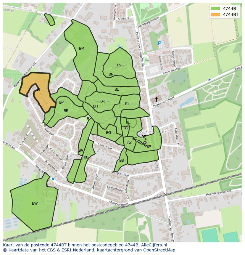 Afbeelding van het postcodegebied 4744 BT op de kaart.