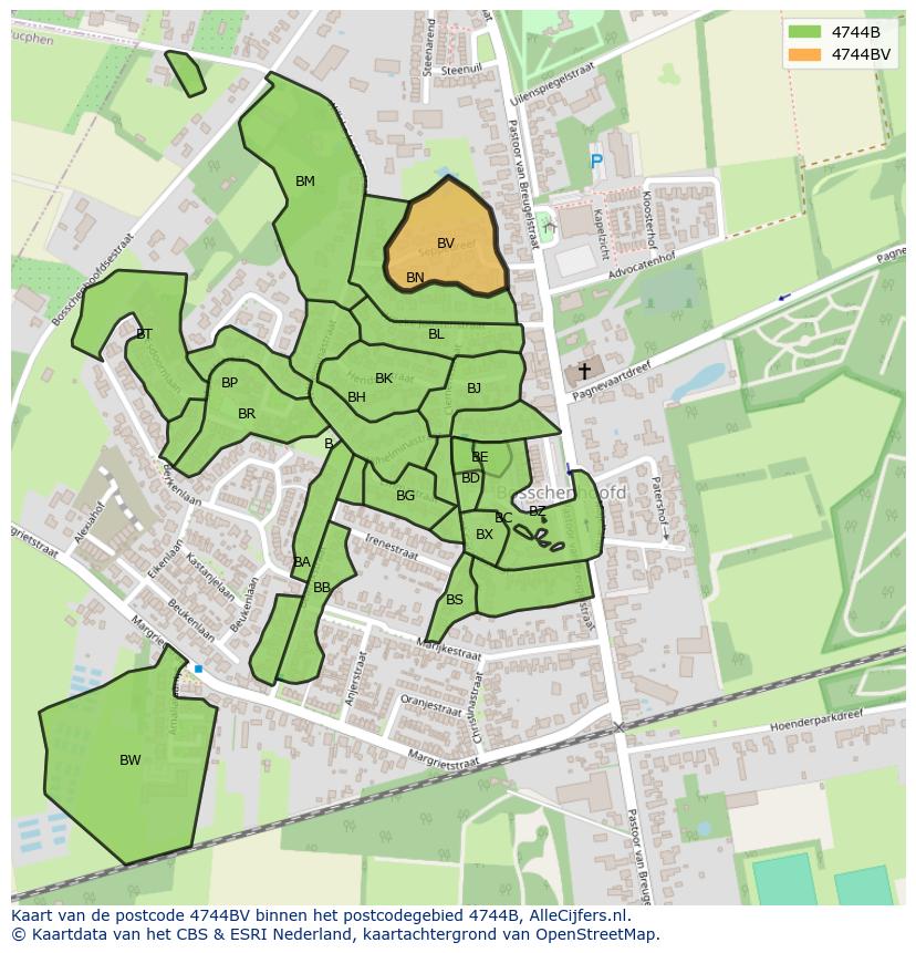 Afbeelding van het postcodegebied 4744 BV op de kaart.