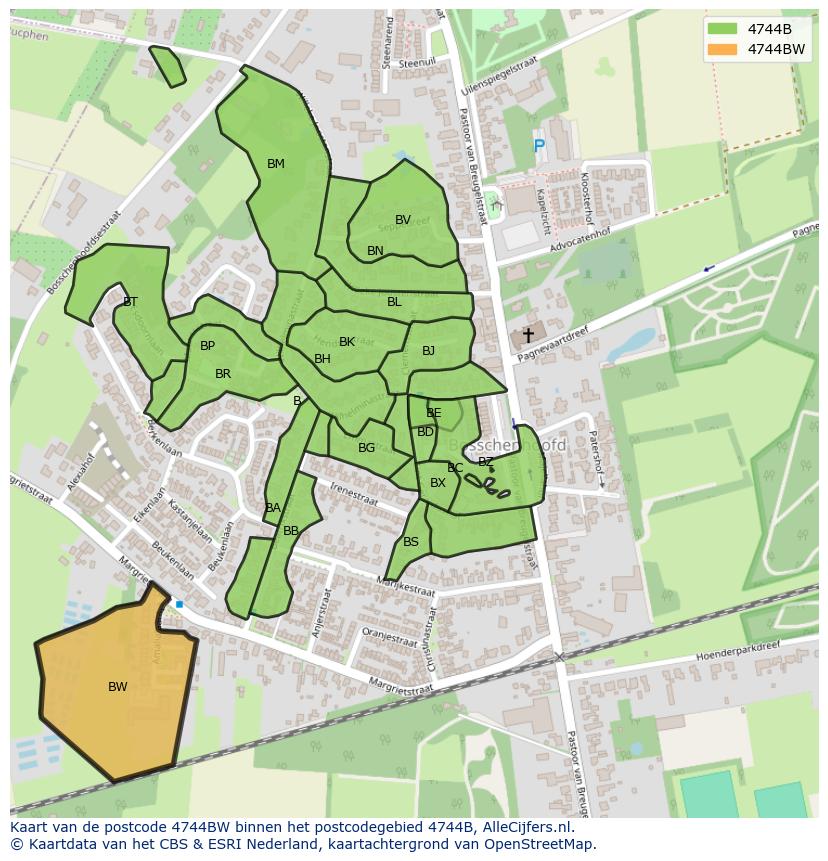 Afbeelding van het postcodegebied 4744 BW op de kaart.