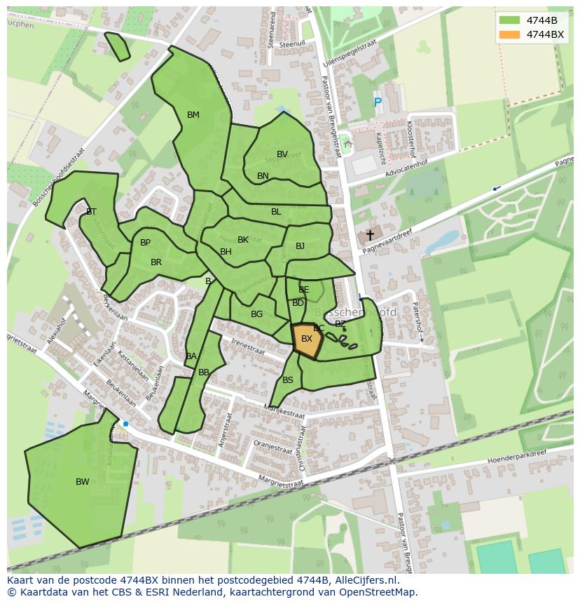 Afbeelding van het postcodegebied 4744 BX op de kaart.