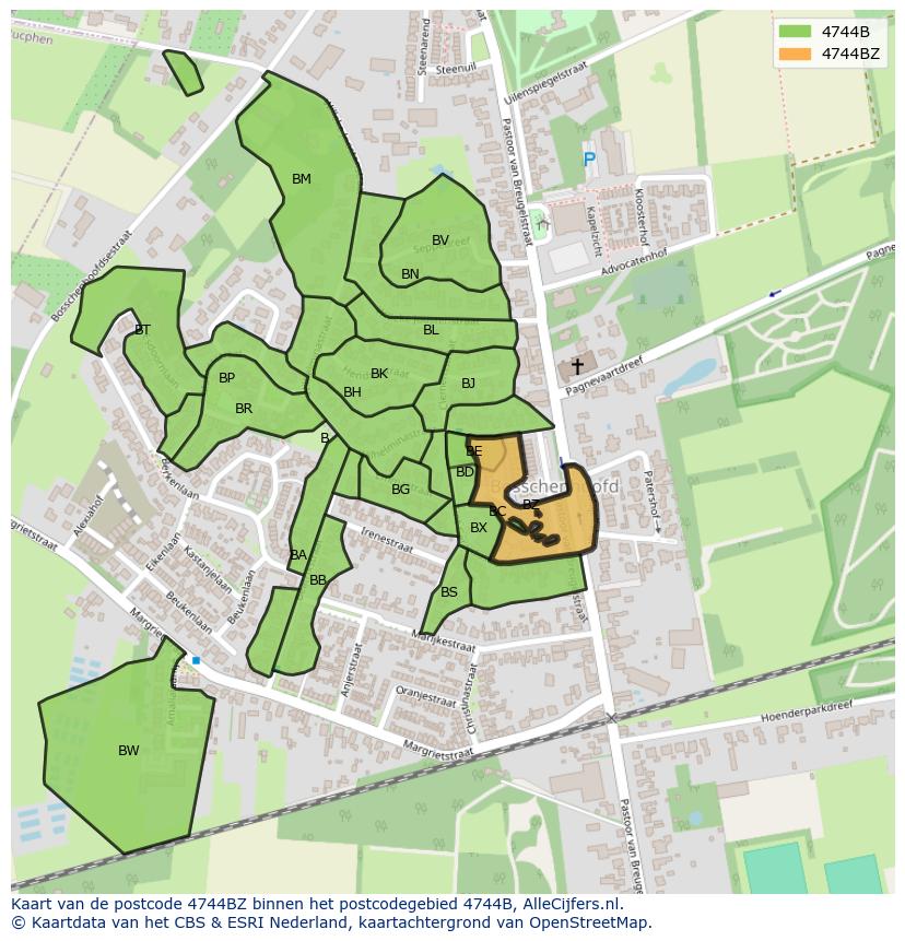Afbeelding van het postcodegebied 4744 BZ op de kaart.