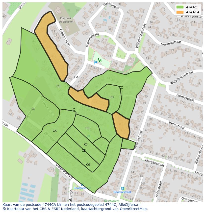 Afbeelding van het postcodegebied 4744 CA op de kaart.