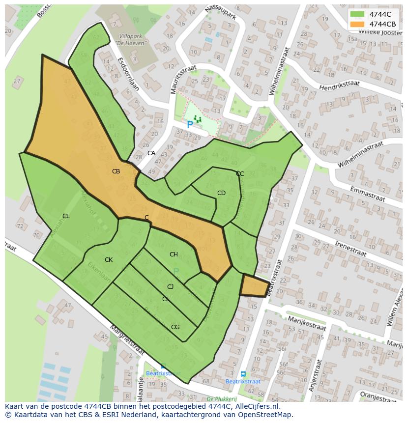 Afbeelding van het postcodegebied 4744 CB op de kaart.