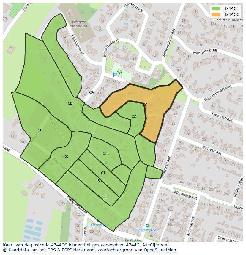 Afbeelding van het postcodegebied 4744 CC op de kaart.