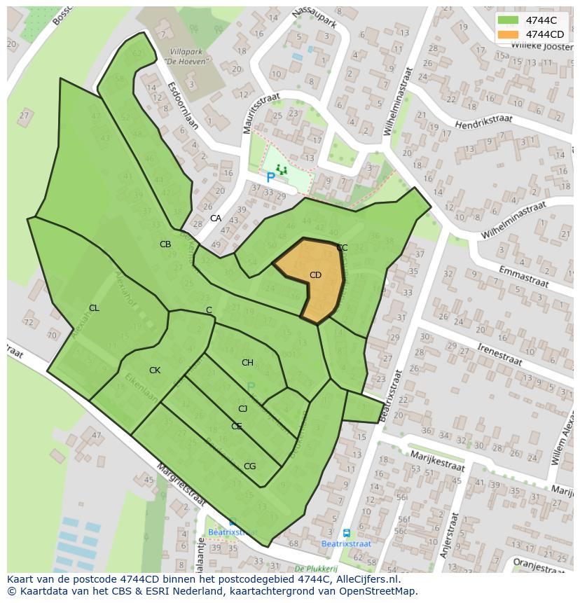 Afbeelding van het postcodegebied 4744 CD op de kaart.