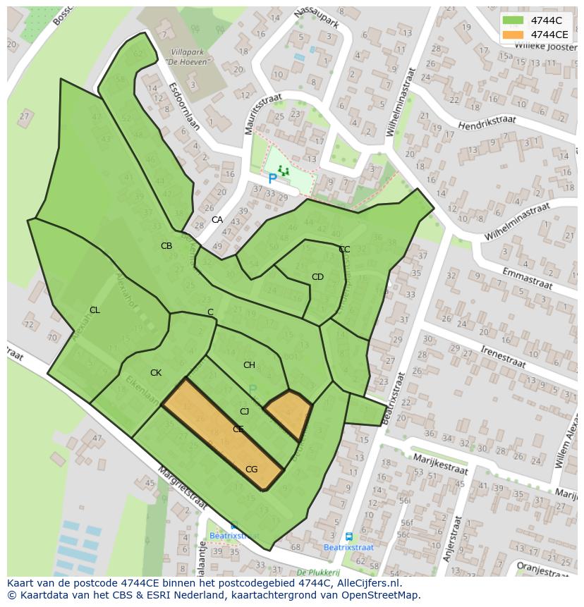 Afbeelding van het postcodegebied 4744 CE op de kaart.