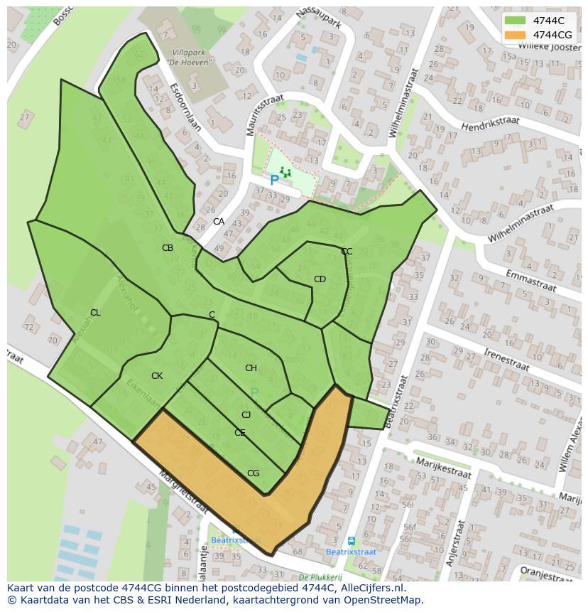 Afbeelding van het postcodegebied 4744 CG op de kaart.