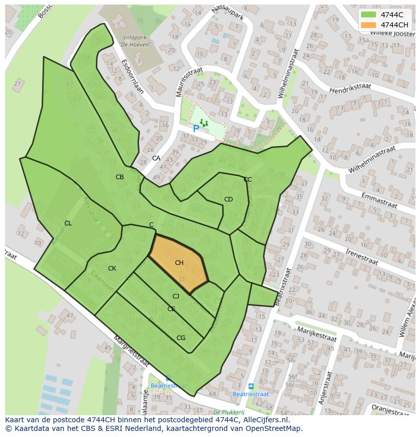 Afbeelding van het postcodegebied 4744 CH op de kaart.