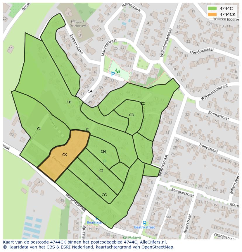 Afbeelding van het postcodegebied 4744 CK op de kaart.
