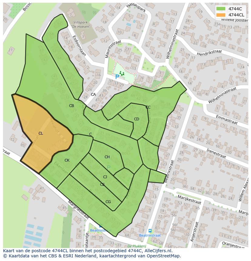 Afbeelding van het postcodegebied 4744 CL op de kaart.