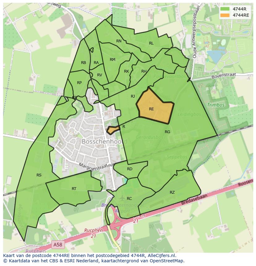 Afbeelding van het postcodegebied 4744 RE op de kaart.
