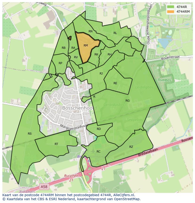 Afbeelding van het postcodegebied 4744 RM op de kaart.