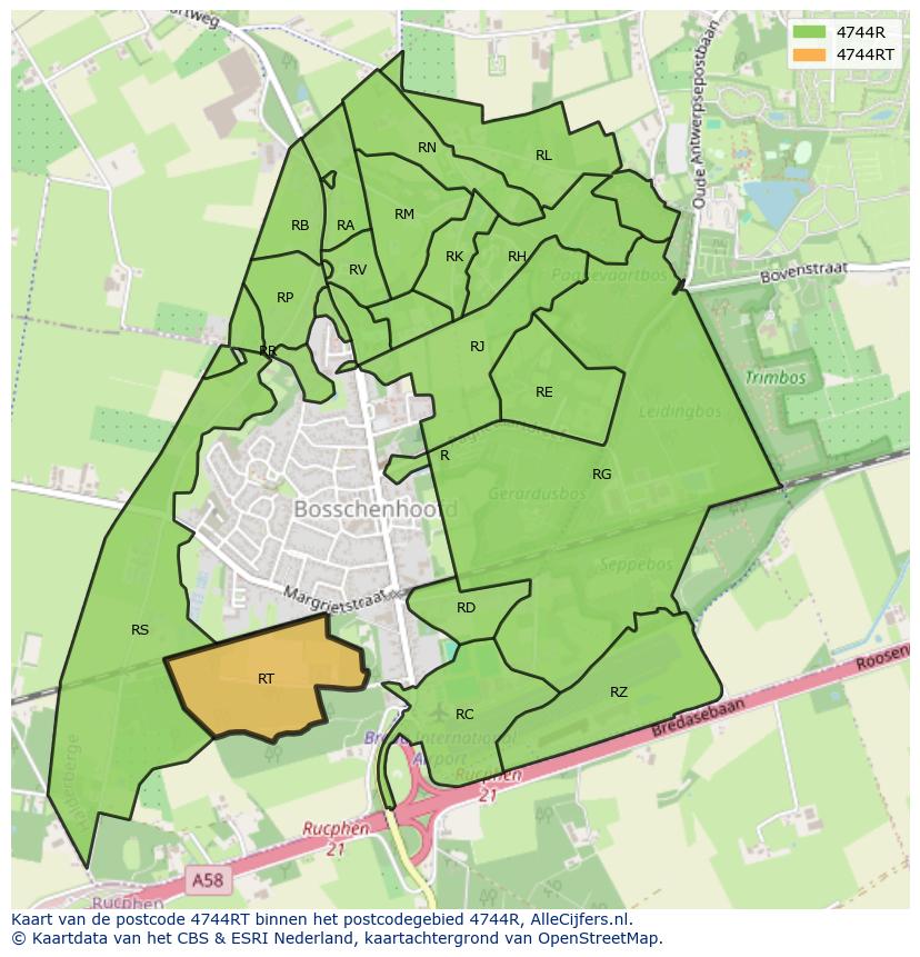 Afbeelding van het postcodegebied 4744 RT op de kaart.