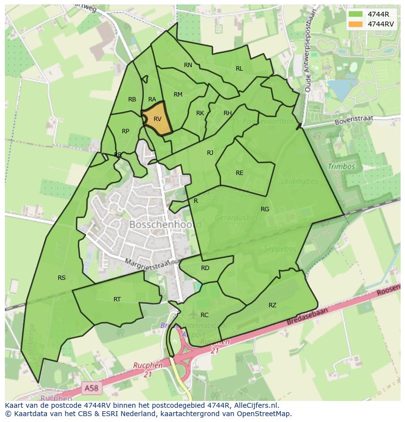 Afbeelding van het postcodegebied 4744 RV op de kaart.