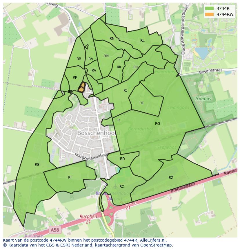 Afbeelding van het postcodegebied 4744 RW op de kaart.
