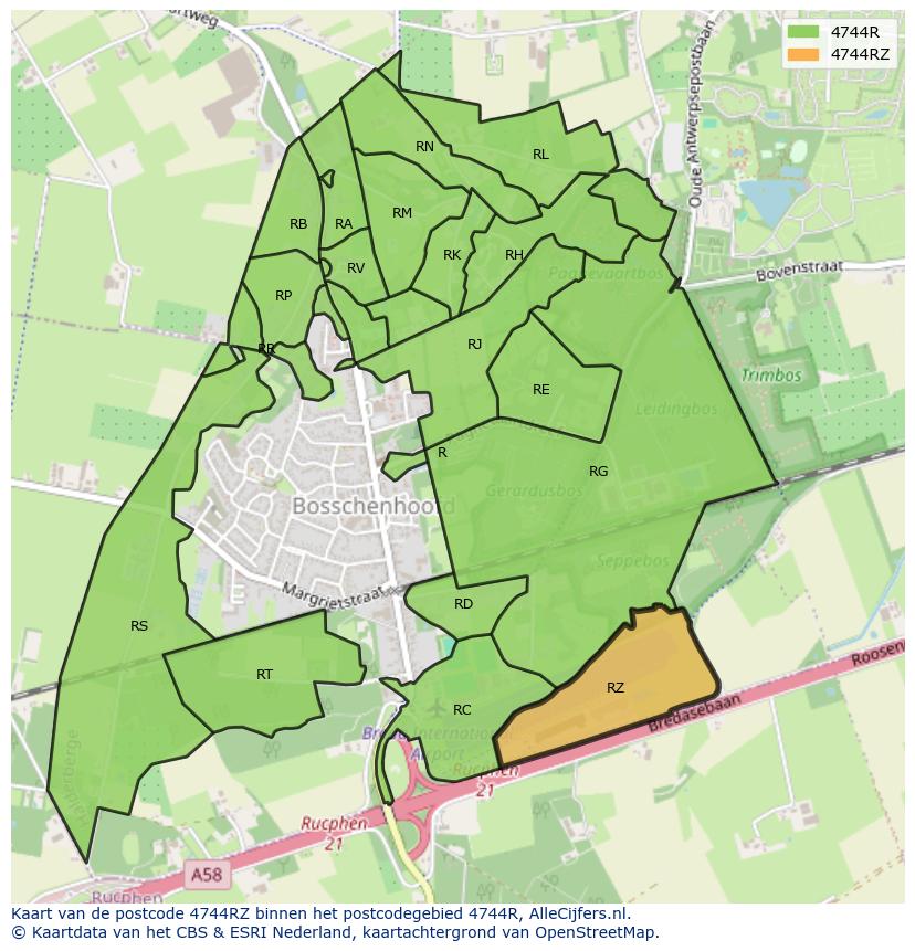 Afbeelding van het postcodegebied 4744 RZ op de kaart.