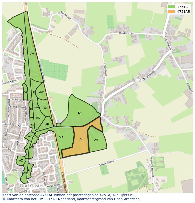 Afbeelding van het postcodegebied 4751 AE op de kaart.