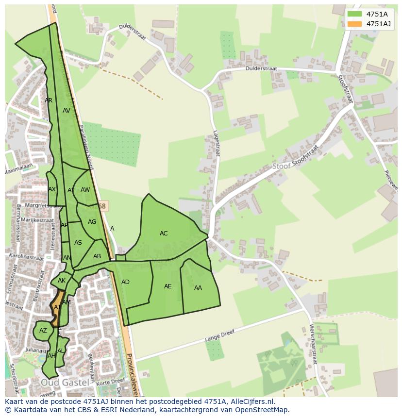 Afbeelding van het postcodegebied 4751 AJ op de kaart.