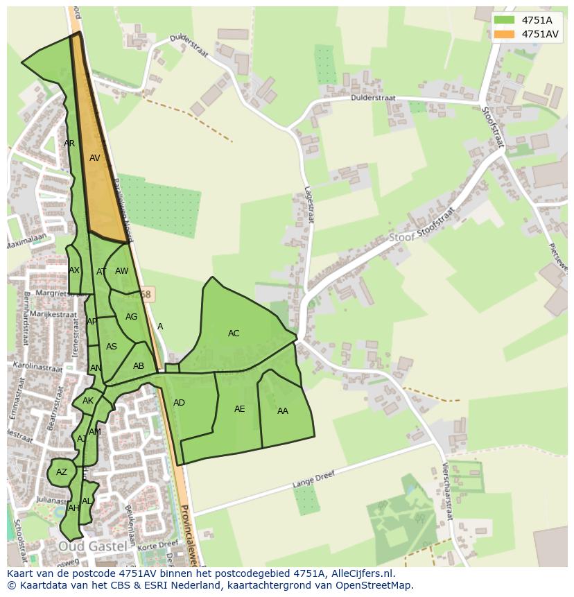 Afbeelding van het postcodegebied 4751 AV op de kaart.