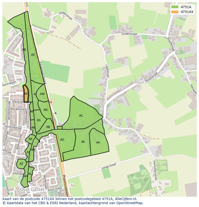 Afbeelding van het postcodegebied 4751 AX op de kaart.