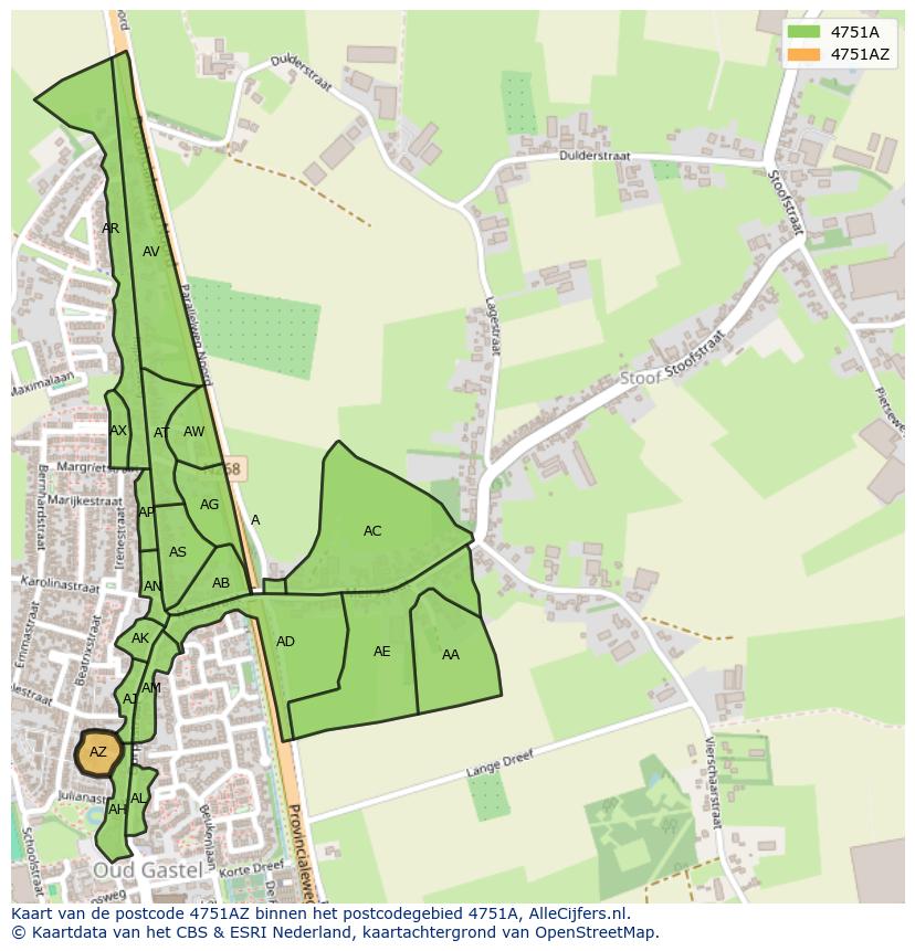 Afbeelding van het postcodegebied 4751 AZ op de kaart.