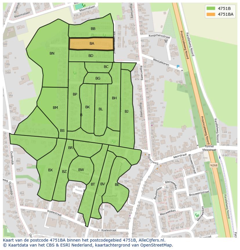Afbeelding van het postcodegebied 4751 BA op de kaart.