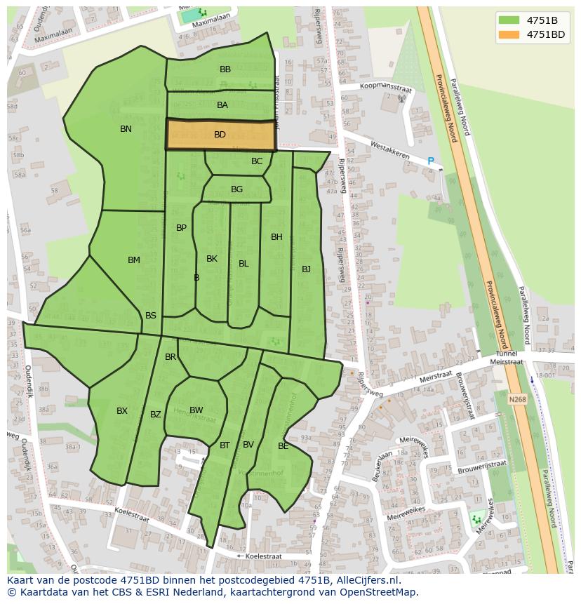 Afbeelding van het postcodegebied 4751 BD op de kaart.