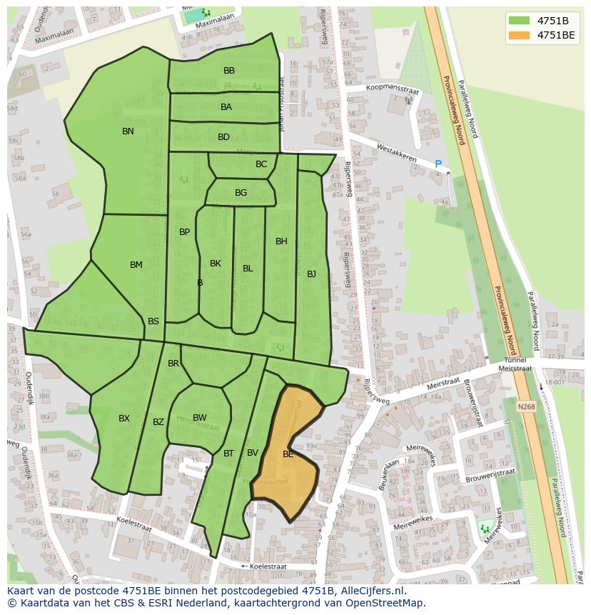 Afbeelding van het postcodegebied 4751 BE op de kaart.