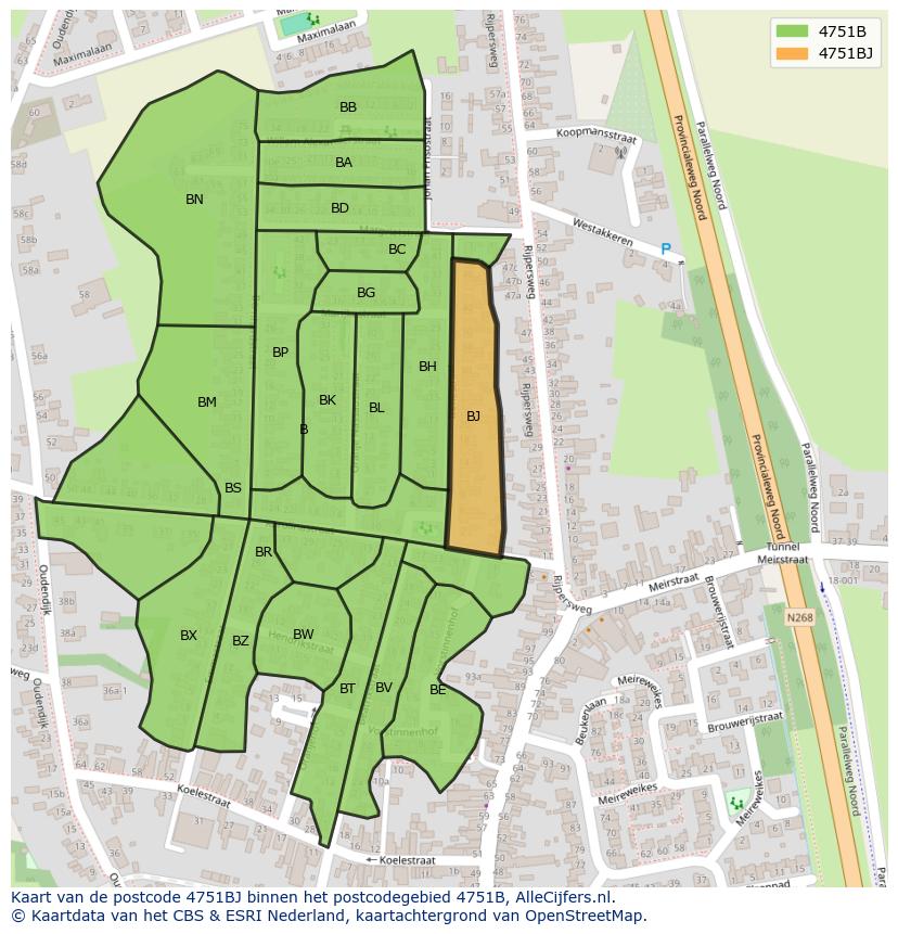 Afbeelding van het postcodegebied 4751 BJ op de kaart.