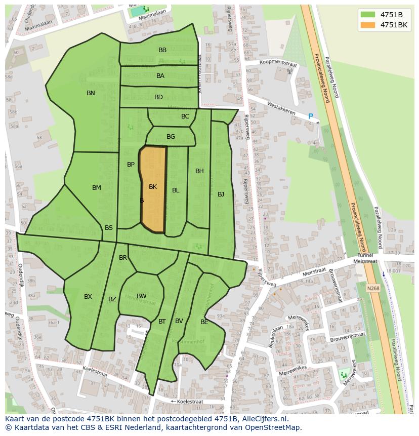 Afbeelding van het postcodegebied 4751 BK op de kaart.