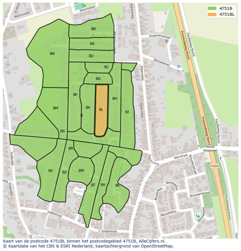 Afbeelding van het postcodegebied 4751 BL op de kaart.