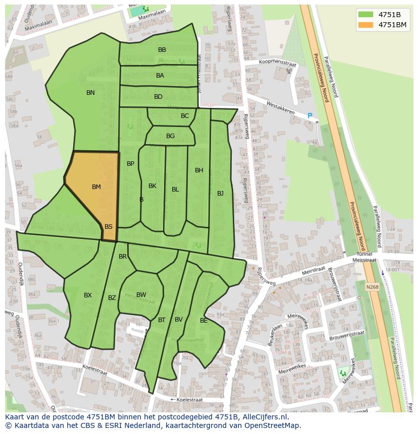 Afbeelding van het postcodegebied 4751 BM op de kaart.
