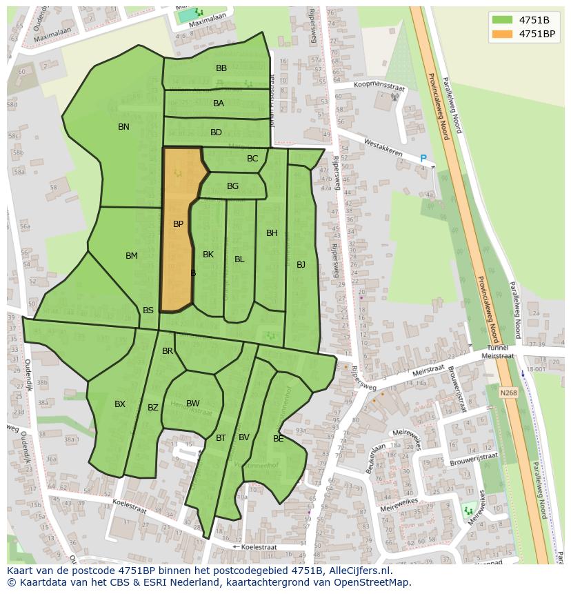 Afbeelding van het postcodegebied 4751 BP op de kaart.