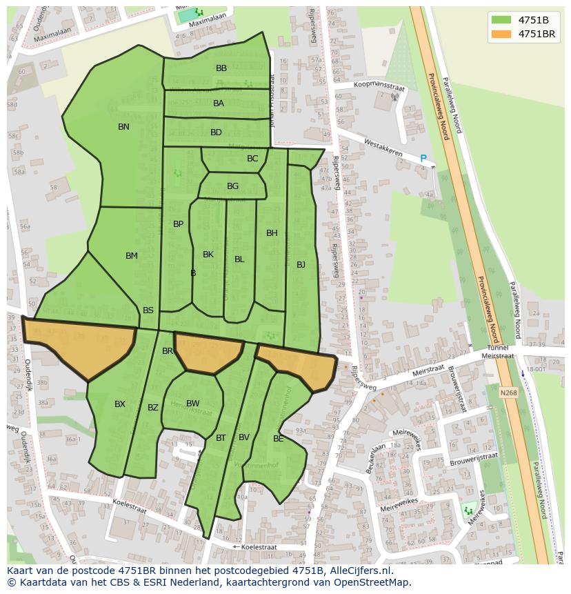 Afbeelding van het postcodegebied 4751 BR op de kaart.