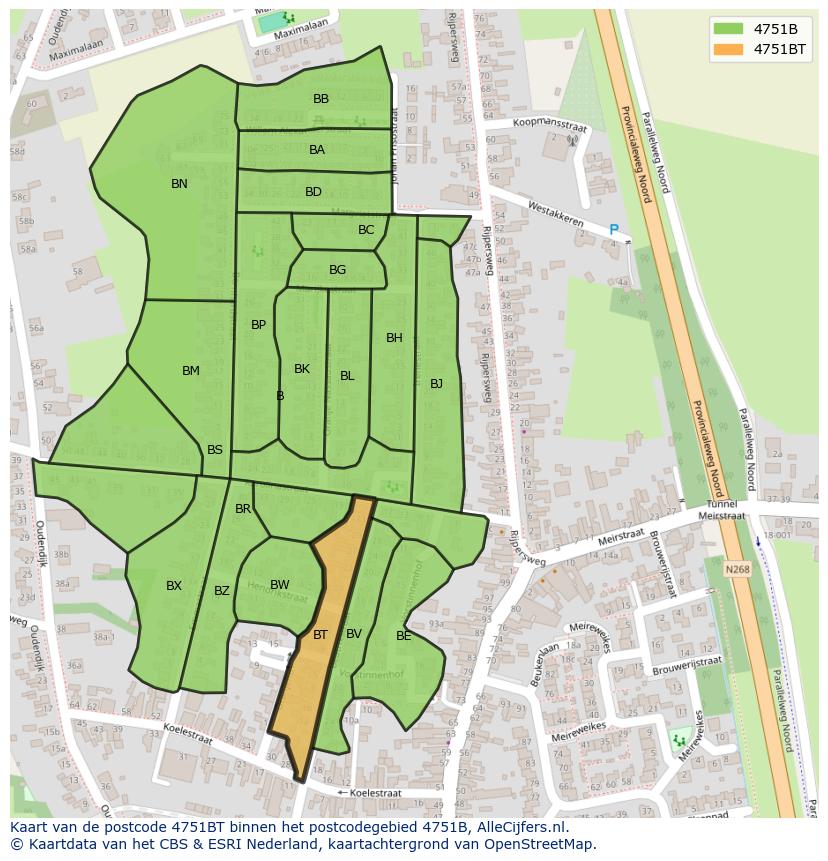 Afbeelding van het postcodegebied 4751 BT op de kaart.