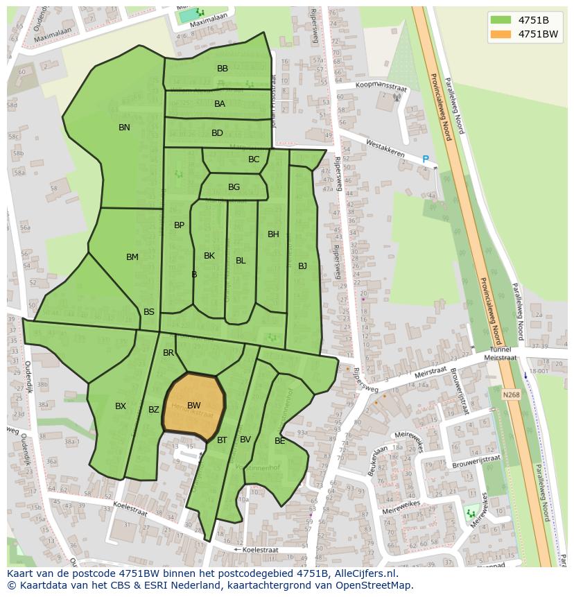 Afbeelding van het postcodegebied 4751 BW op de kaart.