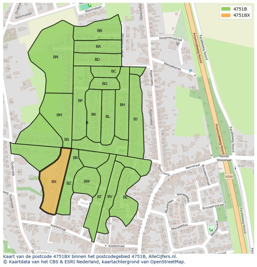 Afbeelding van het postcodegebied 4751 BX op de kaart.