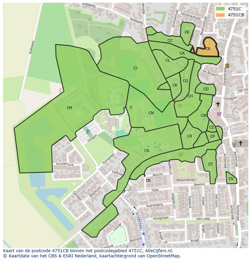 Afbeelding van het postcodegebied 4751 CB op de kaart.