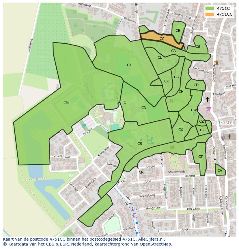 Afbeelding van het postcodegebied 4751 CC op de kaart.