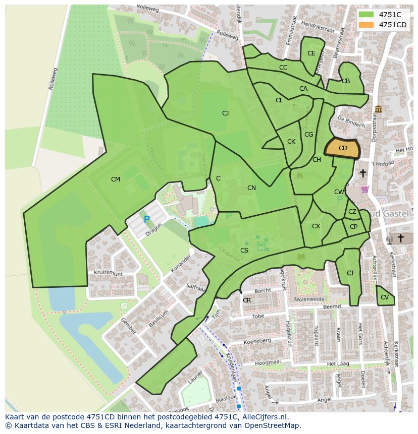 Afbeelding van het postcodegebied 4751 CD op de kaart.