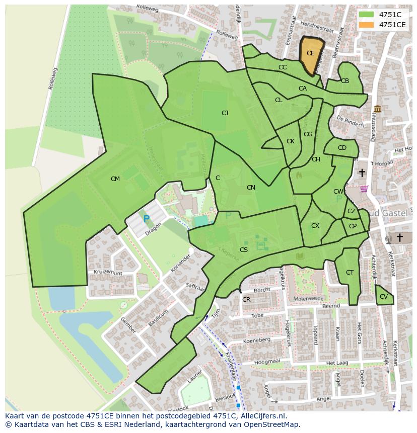 Afbeelding van het postcodegebied 4751 CE op de kaart.