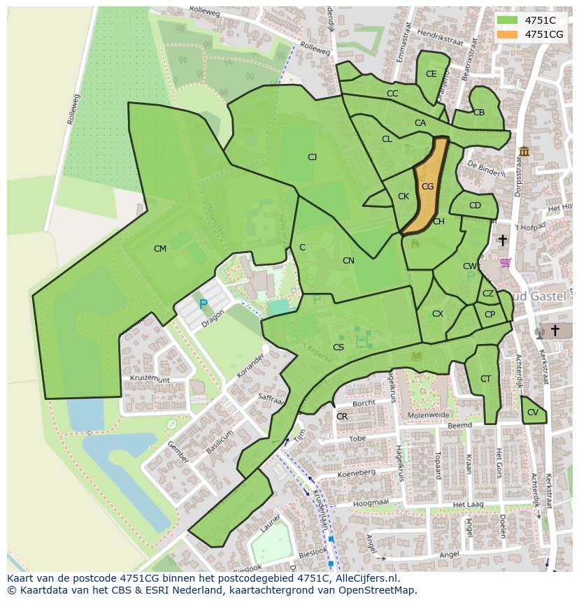 Afbeelding van het postcodegebied 4751 CG op de kaart.