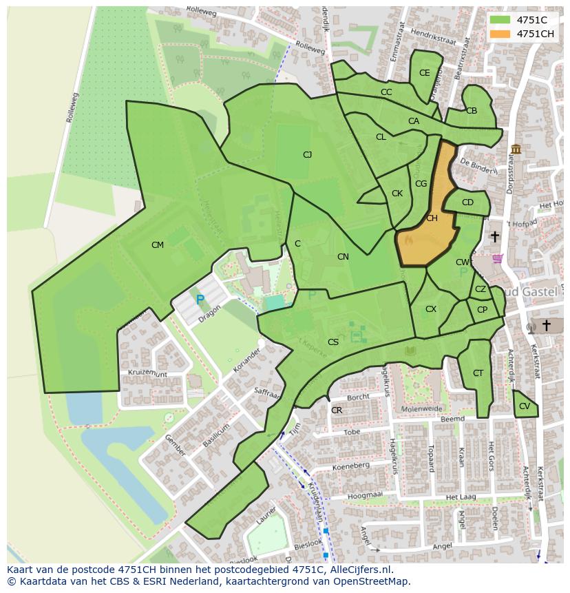 Afbeelding van het postcodegebied 4751 CH op de kaart.