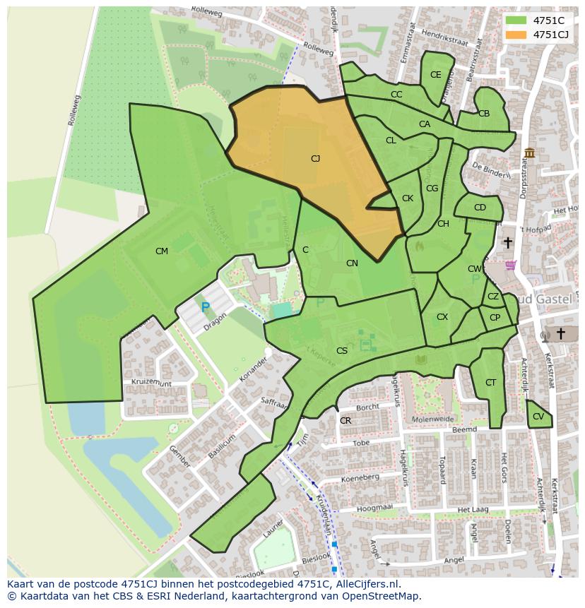 Afbeelding van het postcodegebied 4751 CJ op de kaart.