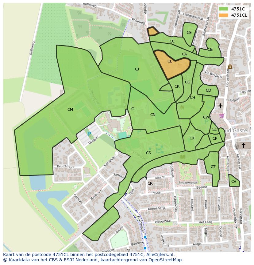 Afbeelding van het postcodegebied 4751 CL op de kaart.