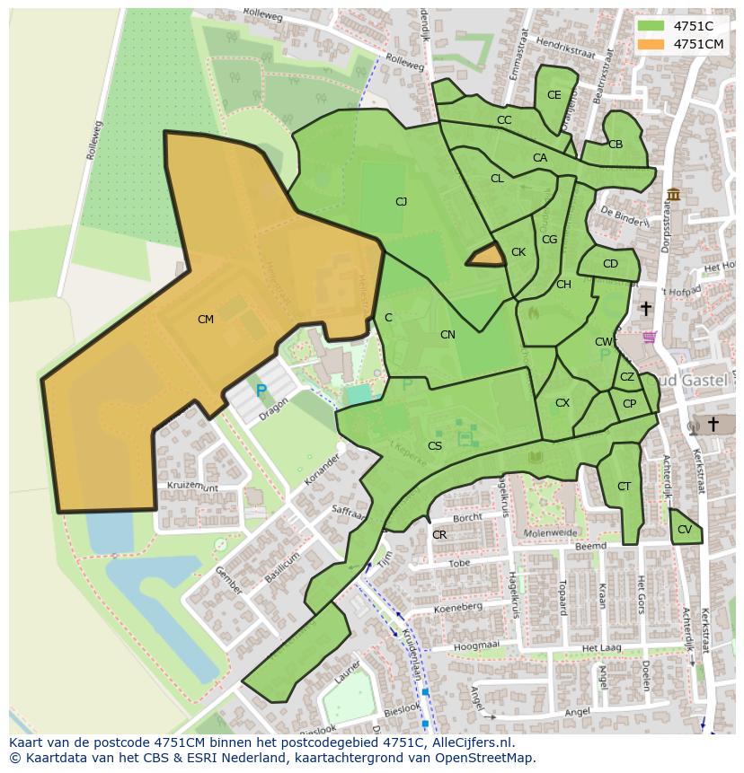 Afbeelding van het postcodegebied 4751 CM op de kaart.
