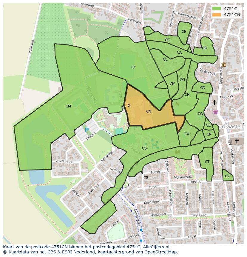 Afbeelding van het postcodegebied 4751 CN op de kaart.