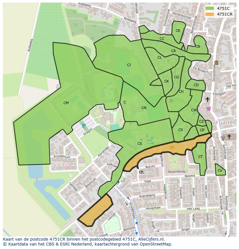 Afbeelding van het postcodegebied 4751 CR op de kaart.